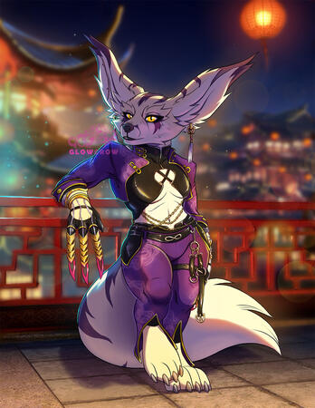 Digital art piece of a female vulpera, a fox-like anthropomorphic creature from the game World of Warcraft, called Iaito. She has white fur and purple stripes, and she's dressed in an exquisite black and purple outfit. The outfit is from Street Fighter's A